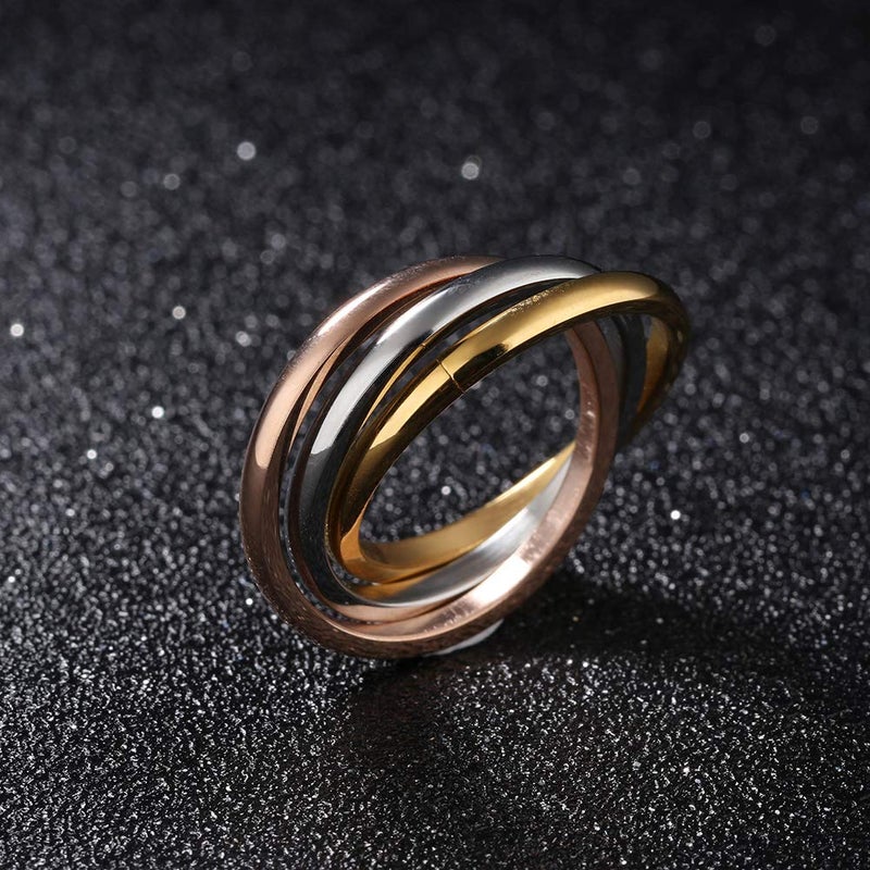 JAJAFOOK Women's Stainless Steel Gold-tone Silver-tone Rose-tone Triple Band Interlocked Rolling Ring (Rose Gold Tri-Color, 6) - Image 2